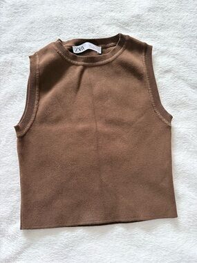 Zara Brown Cropped Sleeveless Knit Top Size S